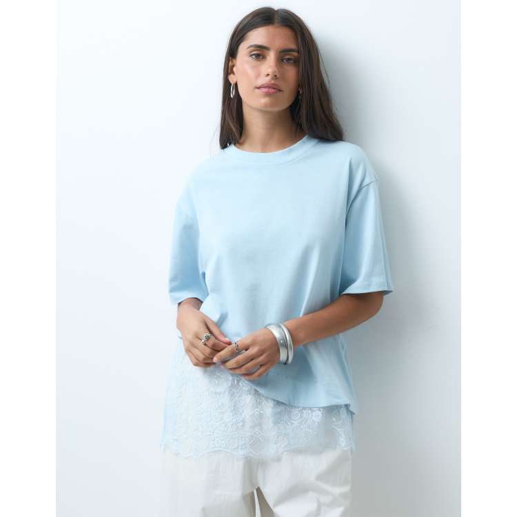 Bluelea ブルレア Hem lace tee レースT white ASOS DESIGN short sleeve T-shirt with lace hem in light blue | ASOS