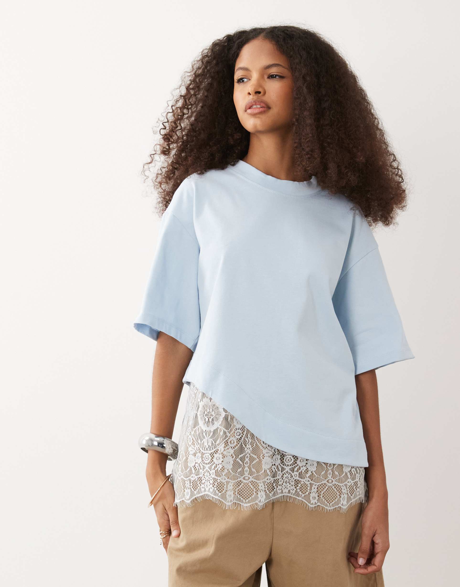 asos design short sleeve t-shirt with lace hem in light blue