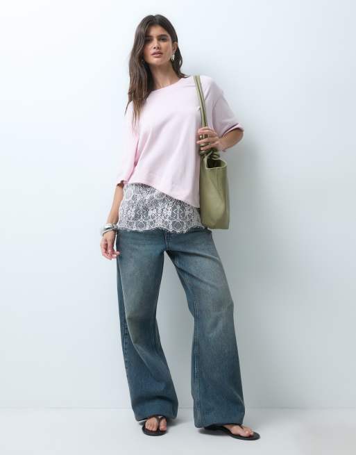 ASOS DESIGN short sleeve t-shirt with lace hem in light pink, 2 of 4