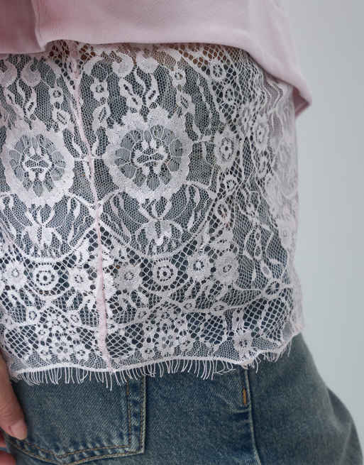 ASOS DESIGN short sleeve t-shirt with lace hem in light pink, 3 of 4