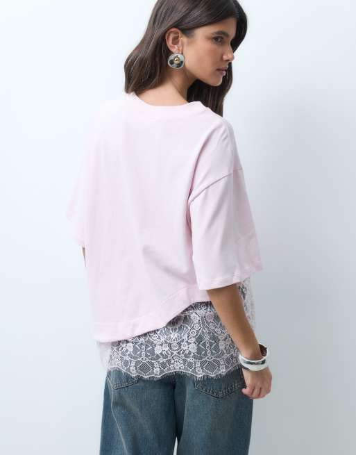 ASOS DESIGN short sleeve t-shirt with lace hem in light pink, 4 of 4