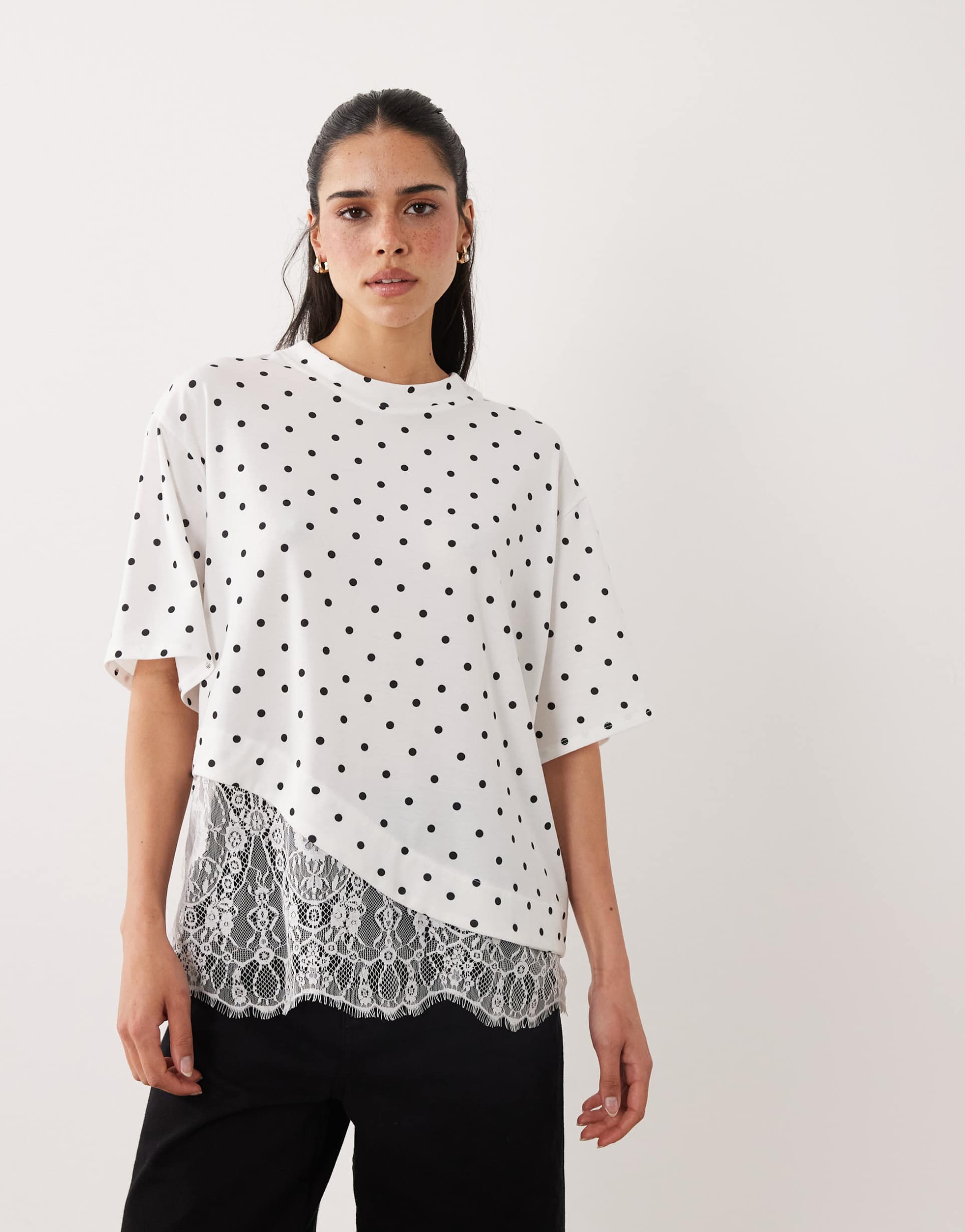 asos design short sleeve t-shirt with lace hem in polka dot print