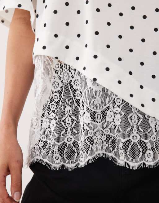 ASOS DESIGN short sleeve t-shirt with lace hem in polka dot print, 3 of 4
