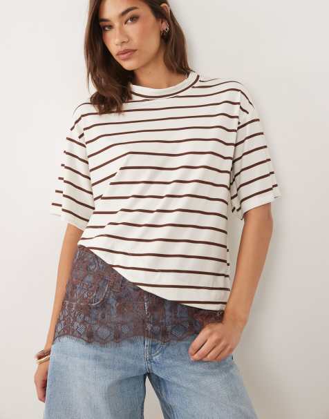ASOS DESIGN short sleeve T-shirt with lace hem in stripe print - view 1