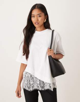 Asos Design Short Sleeve T-shirt With Lace Hem In White