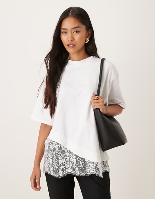 ASOS DESIGN short sleeve t-shirt with lace hem in white
