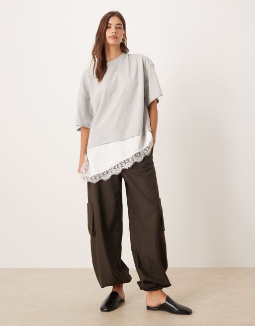 ASOS DESIGN short sleeve t-shirt with lace satin asymmetric hem detailing in heather gray