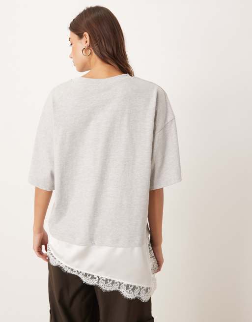 ASOS DESIGN short sleeve t-shirt with lace satin asymmetric hem detailing in heather gray