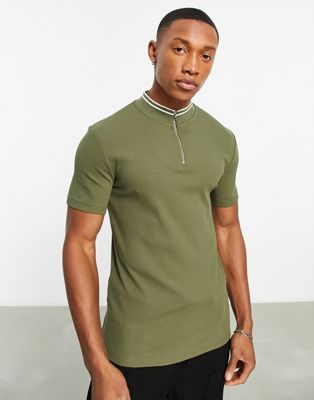 ASOS DESIGN short sleeve t-shirt with mock neck and taping detail in khaki - ASOS Price Checker