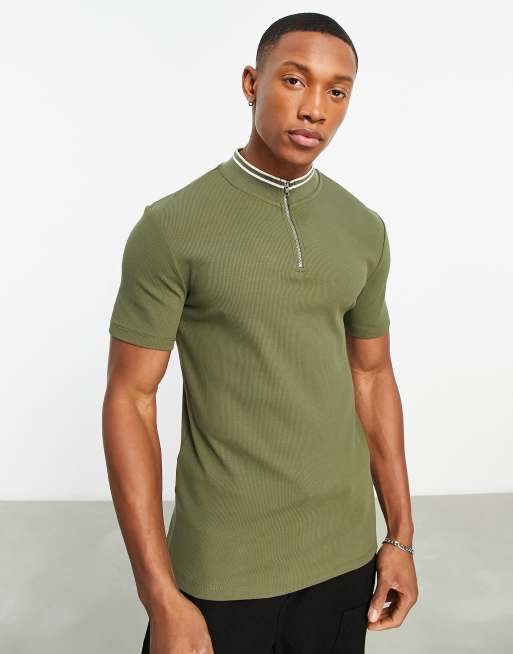 ASOS DESIGN short sleeve t shirt with mock neck and taping detail in khaki