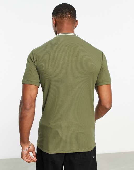 ASOS DESIGN short sleeve t-shirt with mock neck and taping detail in khaki