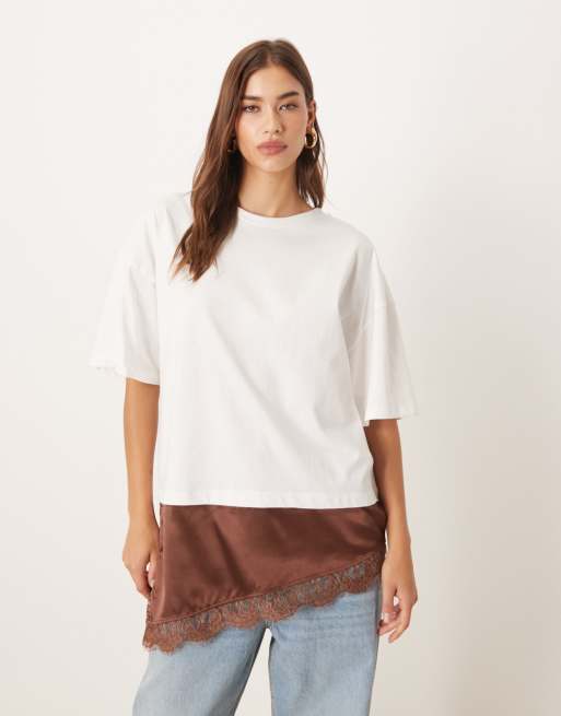 ASOS DESIGN short sleeve t-shirt with satin asym hem detail in chocolate