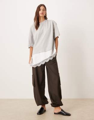 Asos Design Short Sleeve T-shirt With Satin Asymmetric Hem Detail In Gray