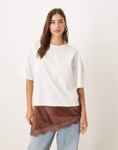 ASOS DESIGN short sleeve t-shirt with satin lace asym hem detail in chocolate - view 1
