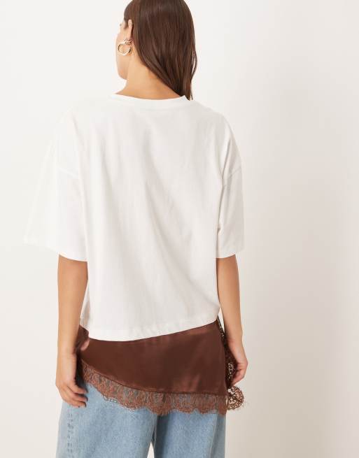 ASOS DESIGN short sleeve t-shirt with satin lace asym hem detail in chocolate, 4 of 4