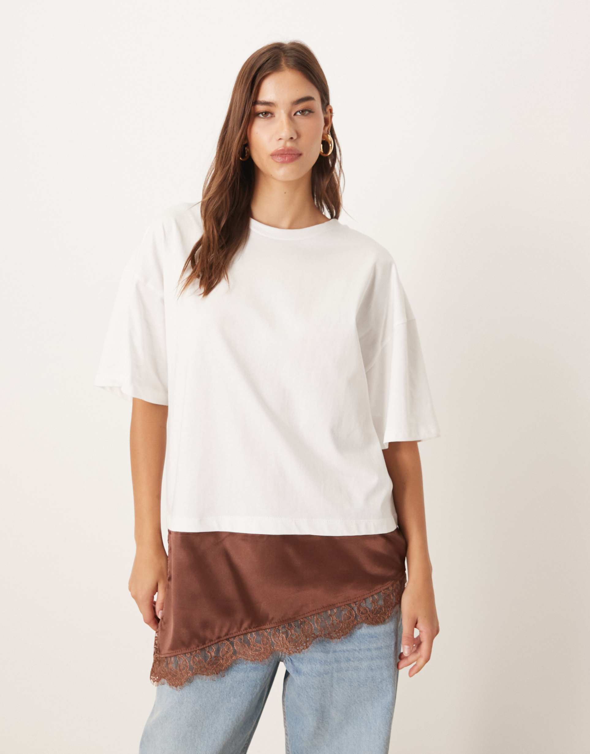 asos design short sleeve t-shirt with satin lace asymmetric hem detailing in chocolate