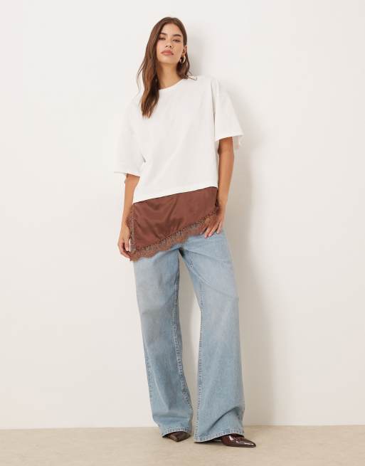 ASOS DESIGN short sleeve t-shirt with satin lace asymmetric hem detailing in chocolate