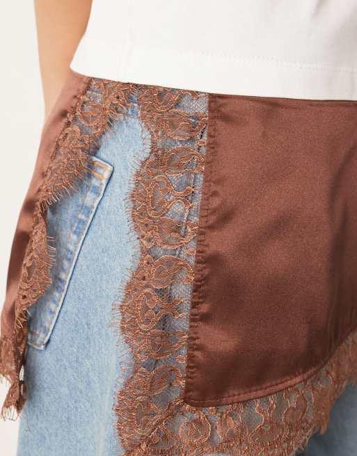 ASOS DESIGN short sleeve t-shirt with satin lace asymmetric hem detailing in chocolate