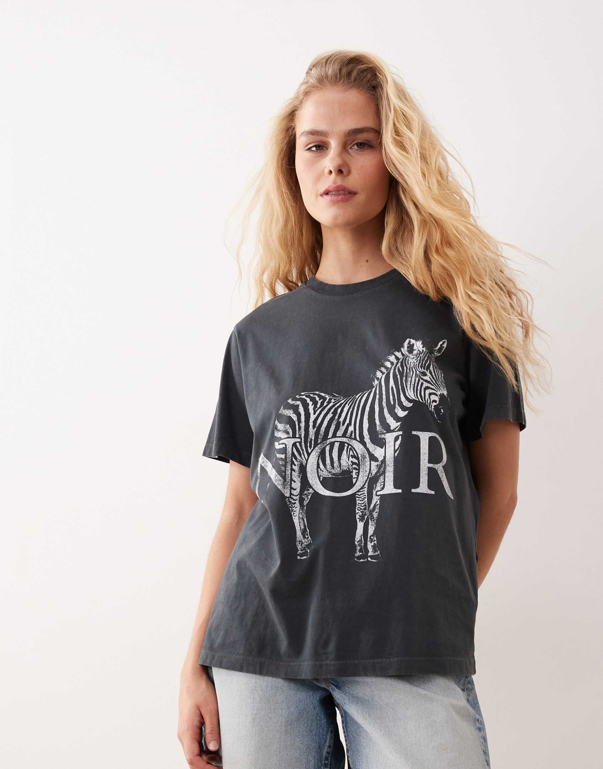 asos design short sleeve t-shirt with zebra noir graphic in washed charcoal