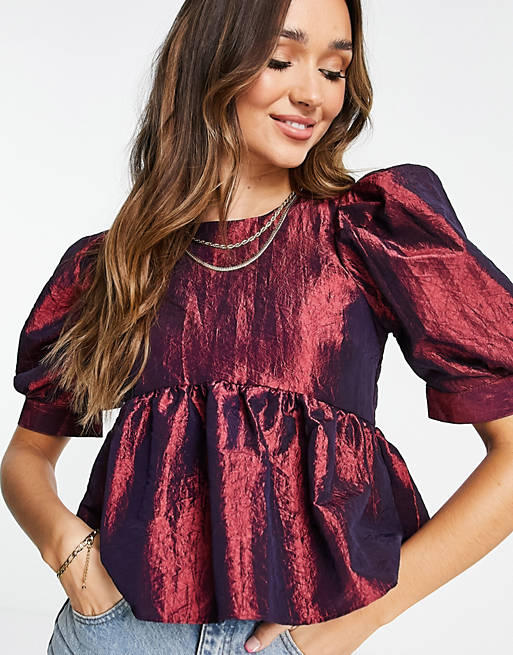 Tops Shirts & Blouses/short sleeve taffeta top with puff sleeve in wine 