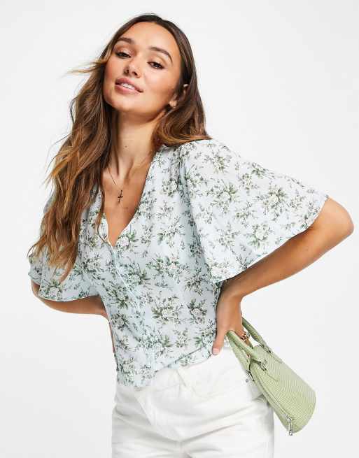 ASOS DESIGN short sleeve tea blouse in blue floral print | ASOS