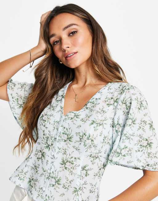 ASOS DESIGN short sleeve tea blouse in blue floral print