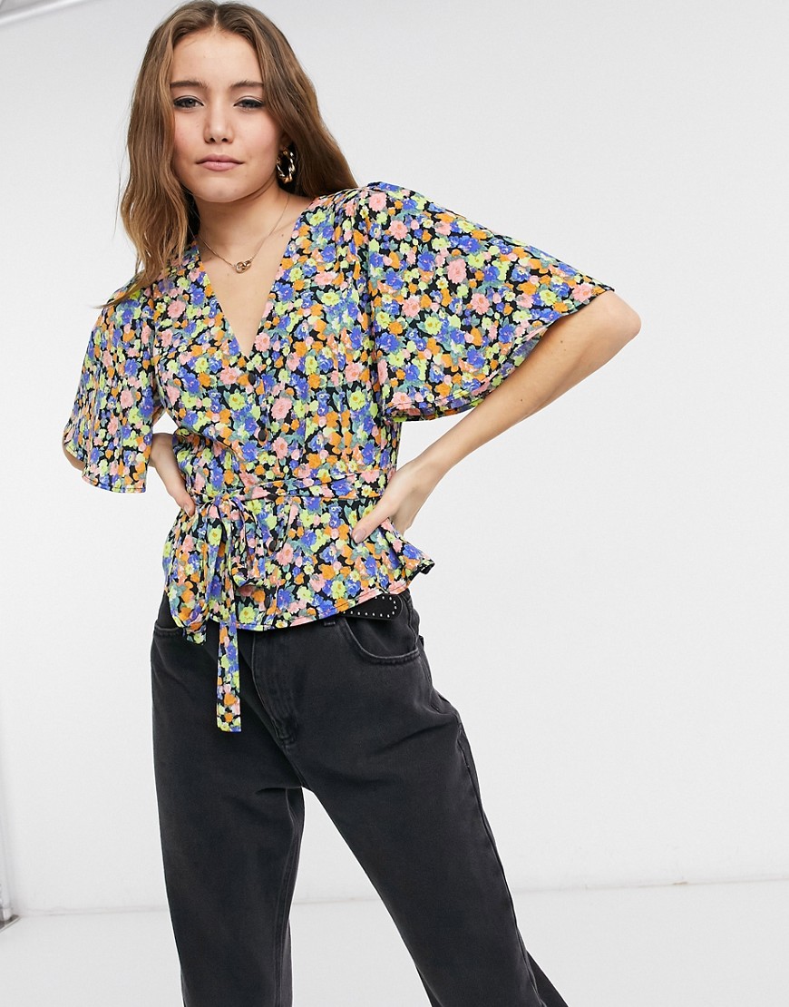 ASOS DESIGN short sleeve tea blouse in bright floral print-Multi