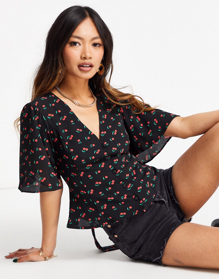 ASOS DESIGN short sleeve tea blouse in cherry print-Multi