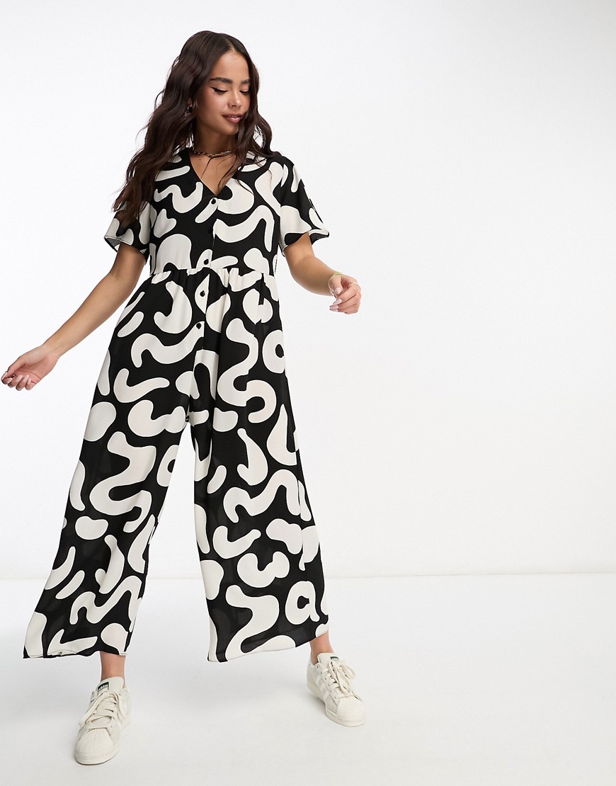 Asos Design Short Sleeve Tea Jumpsuit In Mono Abstract Print-Multi