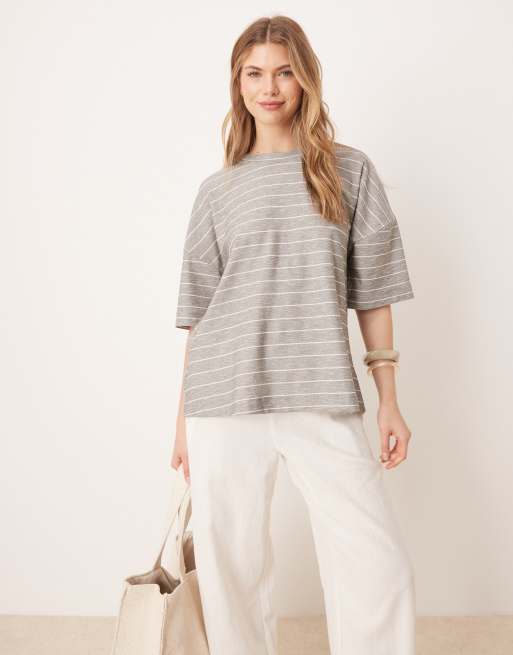 ASOS DESIGN short sleeve tee with twist detail back in gray and white stripe