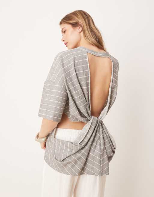 ASOS DESIGN short sleeve tee with twist detail back in gray and white stripe