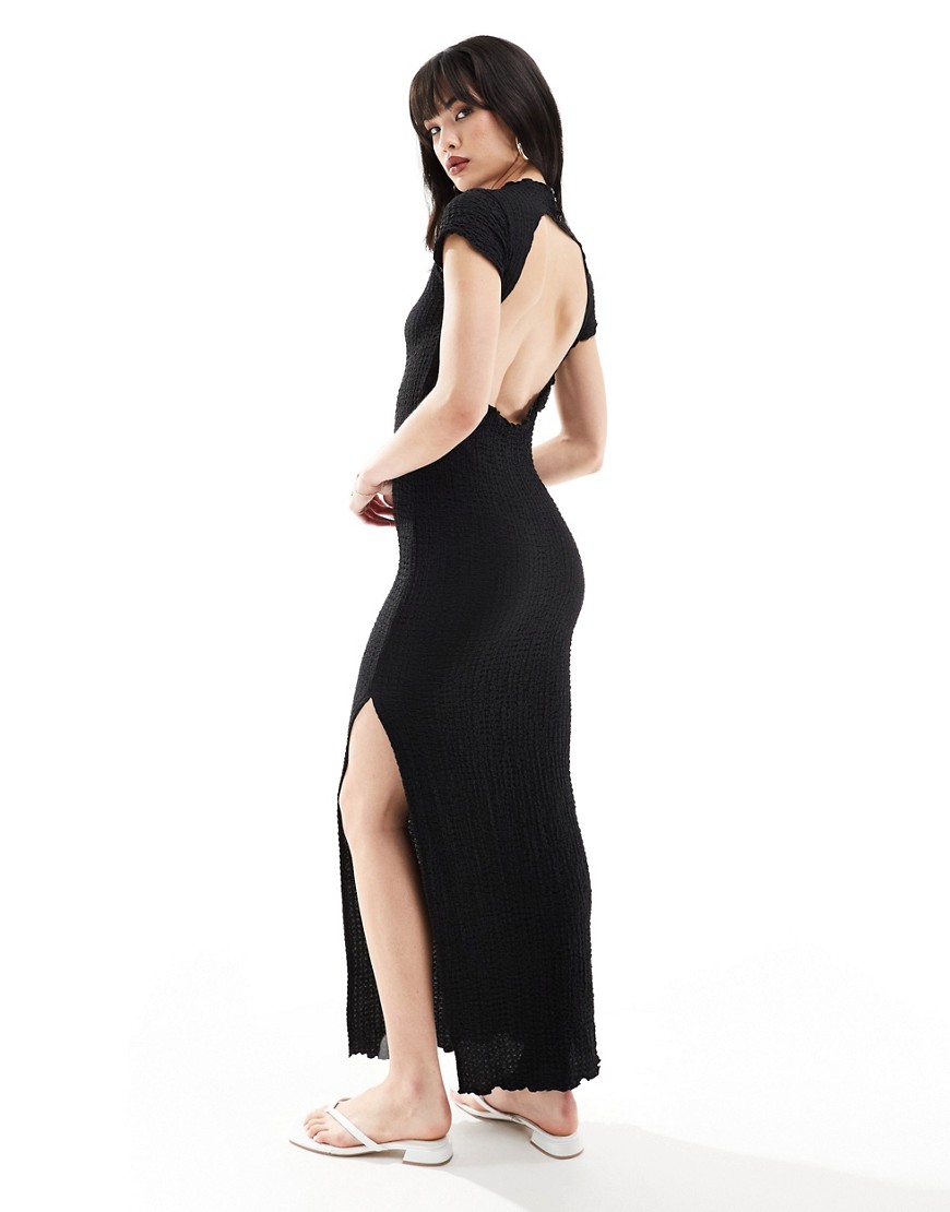 Asos Design Short Sleeve Textured Top Peached Midi Dress In Black