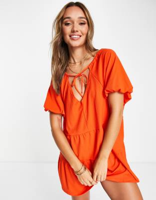 Asos Design Short Sleeve Tiered Smock Mini Dress In Bright Orange | ModeSens