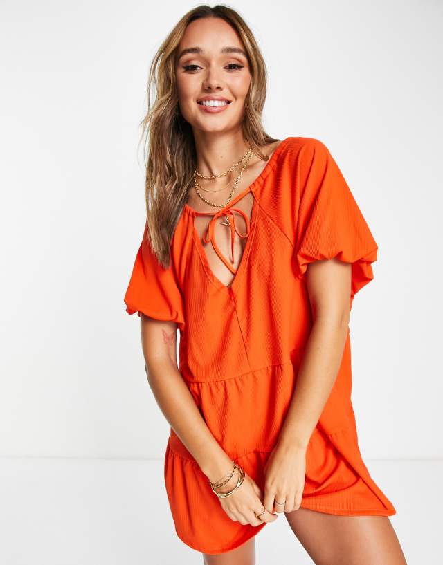 ASOS DESIGN short sleeve tiered smock mini dress in bright orange