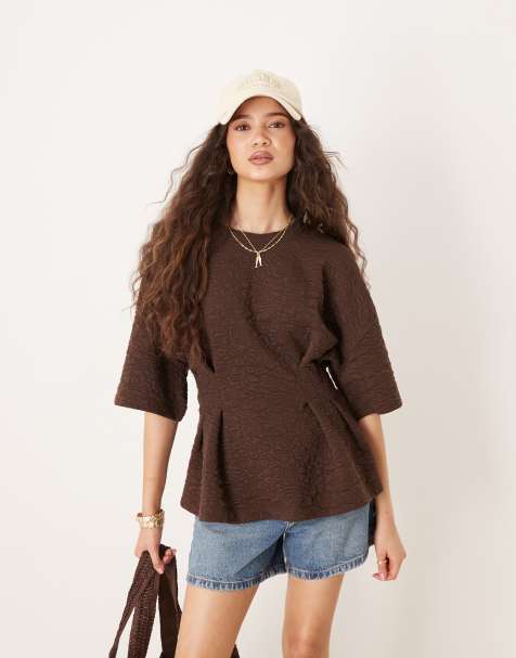 ASOS DESIGN short sleeve top in chocolate floral jacquard - view 1