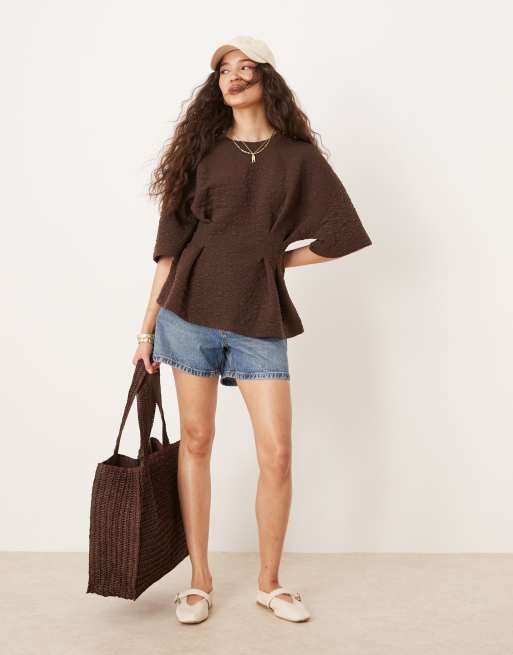 ASOS DESIGN short sleeve top in chocolate floral jacquard, 2 of 4