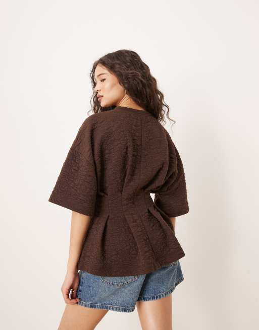 ASOS DESIGN short sleeve top in chocolate floral jacquard, 4 of 4