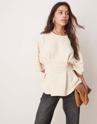 Asos Design Short Sleeve Top In Cream Floral Jacquard-white