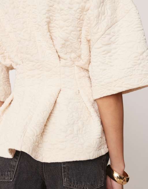 ASOS DESIGN short sleeve top in cream floral jacquard