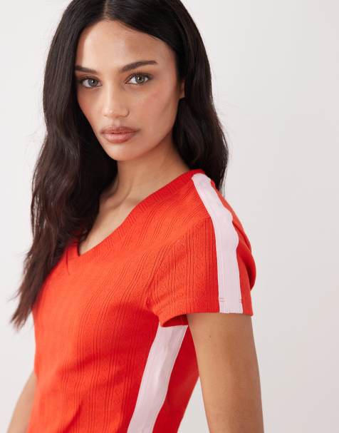 ASOS DESIGN short sleeve top with contrast stripes in red - view 1