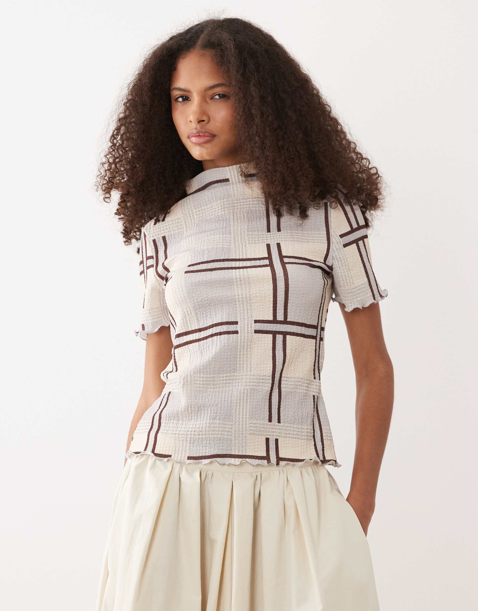 asos design short sleeve top with grown on neck in plaid print