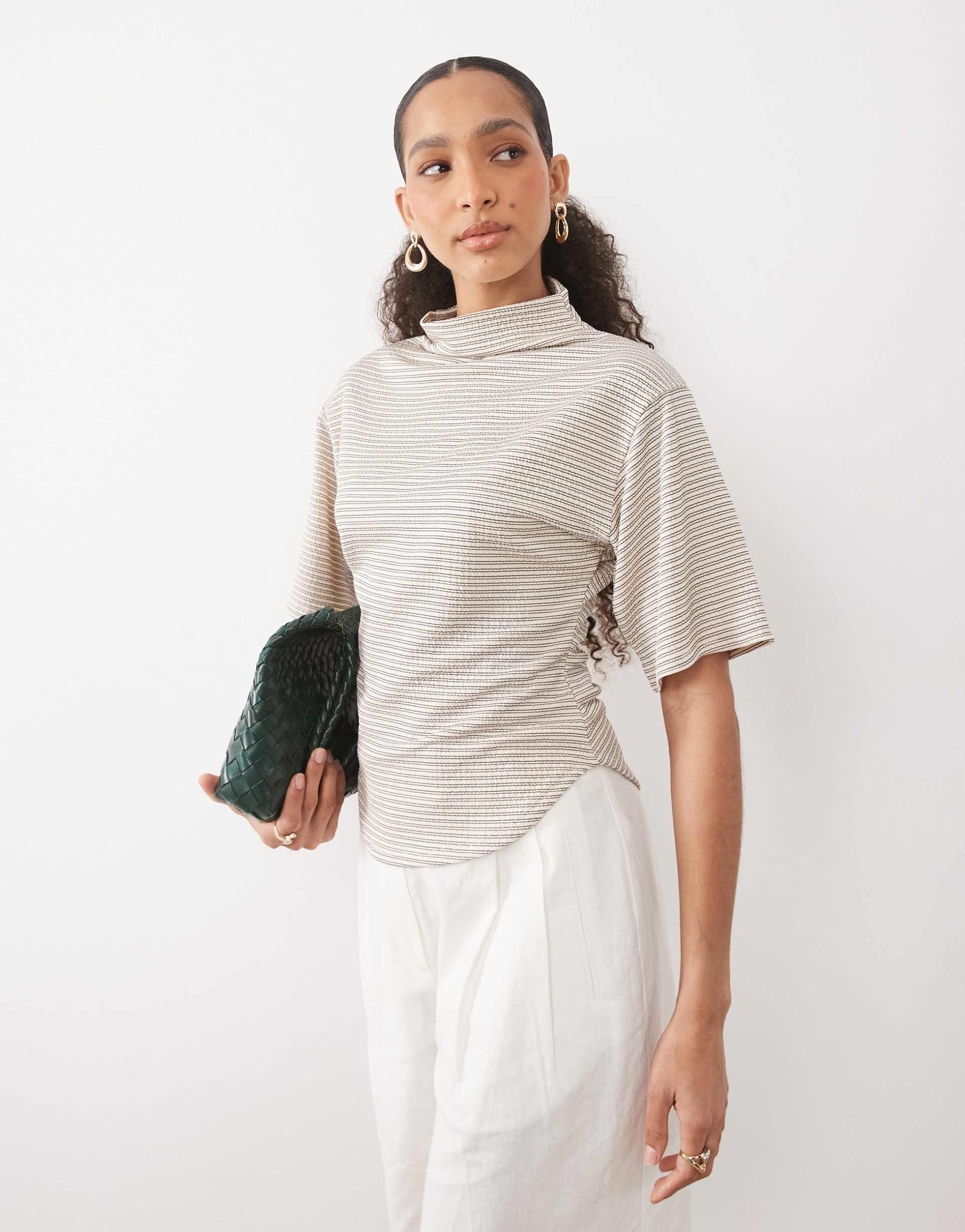 asos design short sleeve top with high neck in stripes