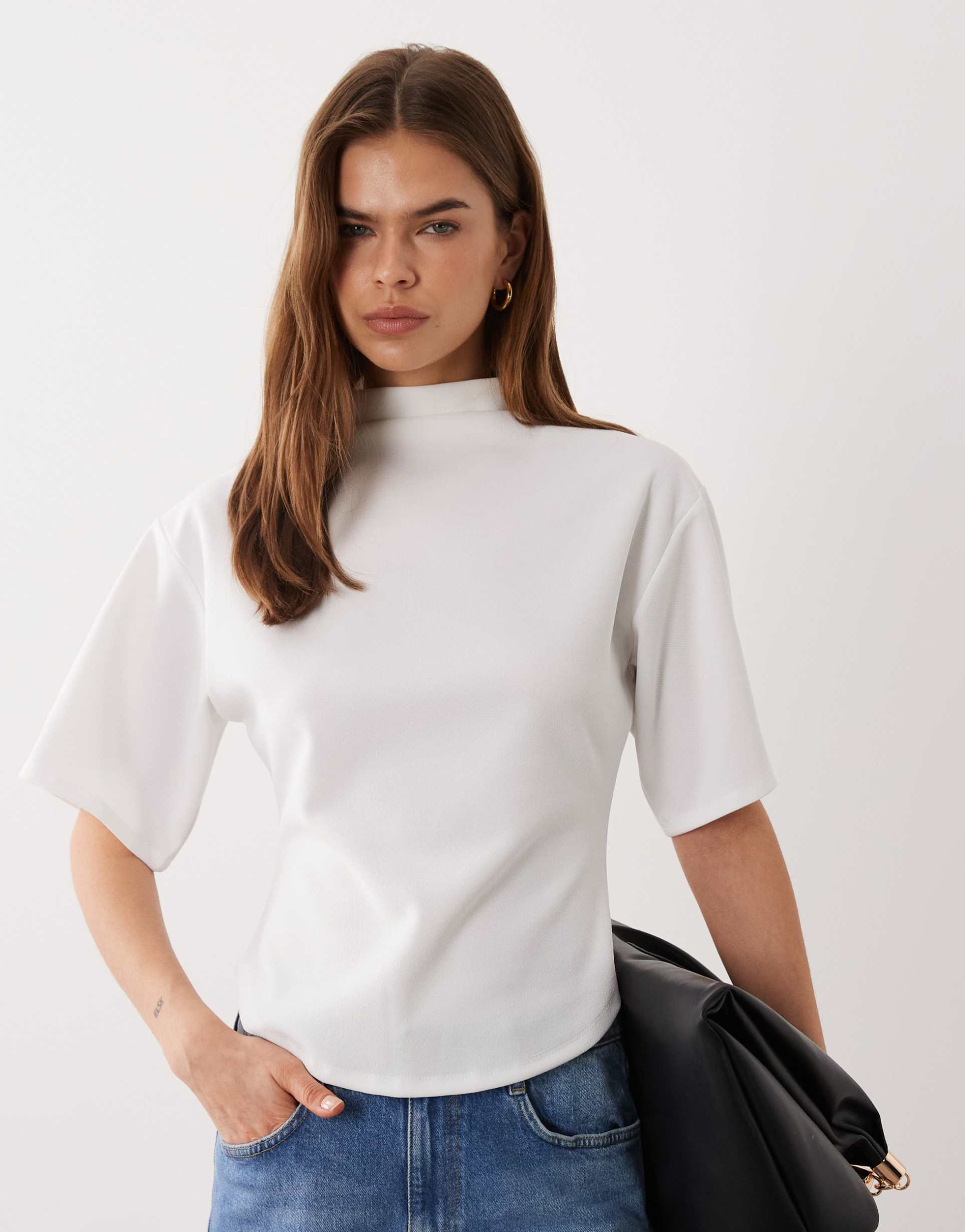 asos design short sleeve top with high neck in white