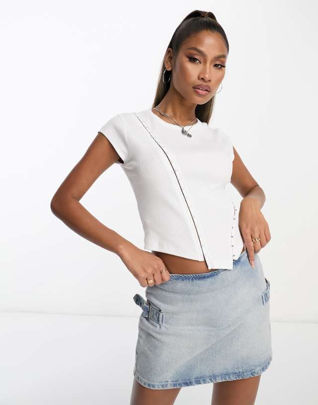 ASOS DESIGN short sleeve top with hook and eye detail in white