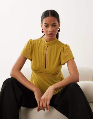 Asos Design Short Sleeve Top With Keyhole Detail In Green