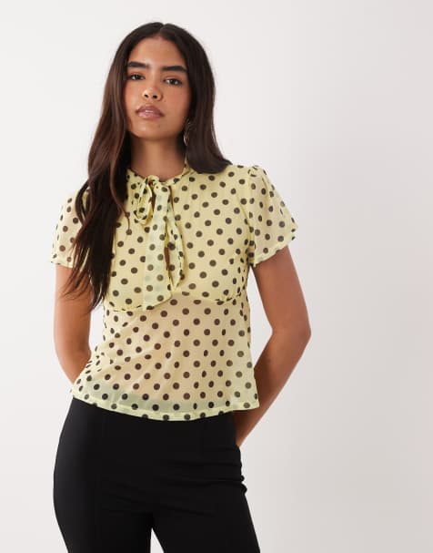ASOS DESIGN short sleeve top with keyhole detail in yellow spot - view 1