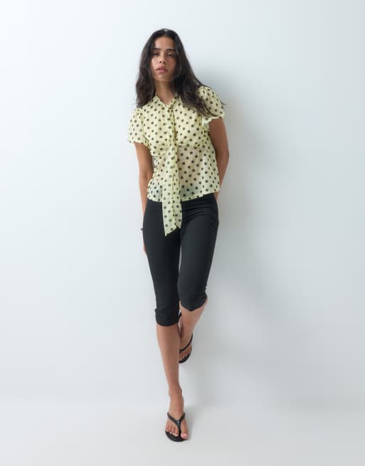 ASOS DESIGN short sleeve top with keyhole detail in yellow spot , 2 of 5