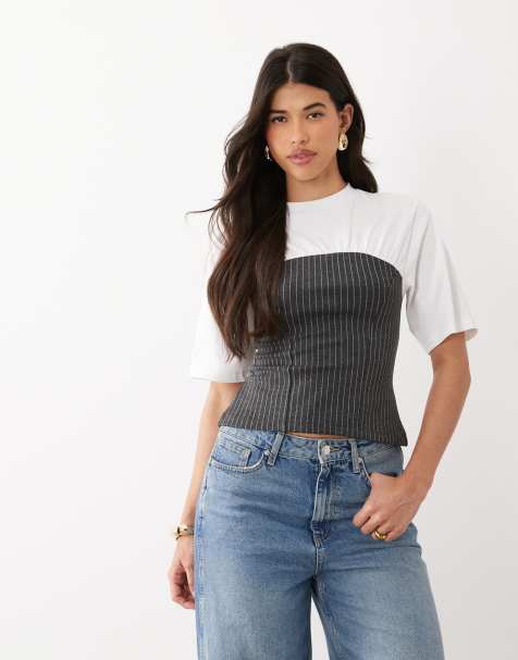 ASOS DESIGN short sleeve top with pinstriped contrast in gray and white - view 1