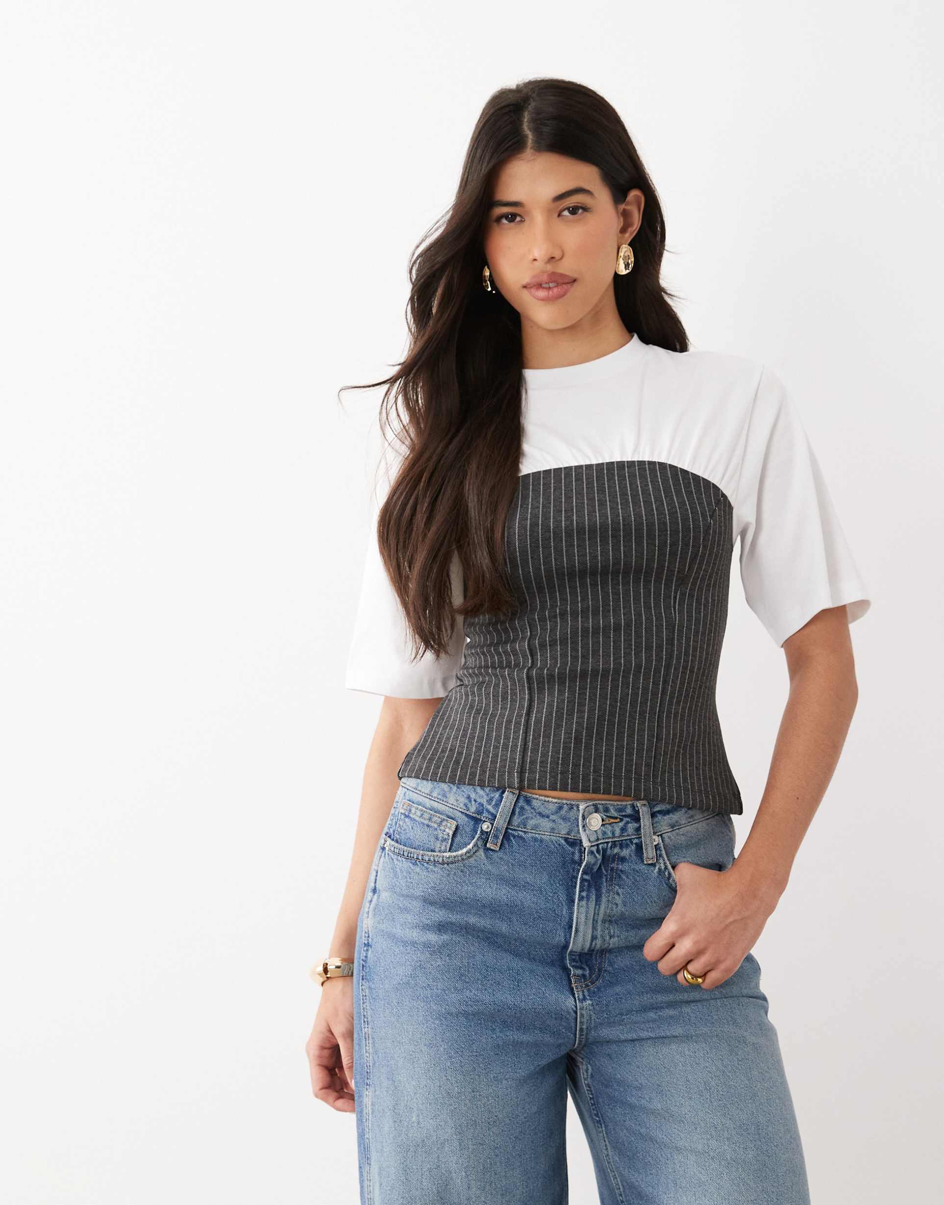 asos design short sleeve top with pinstriped contrast in gray and white