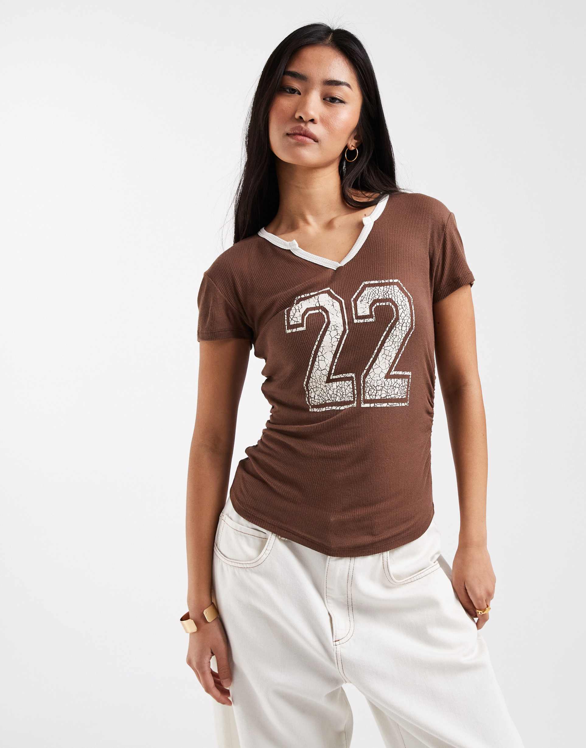 asos design short sleeve top with ruching and 22 graphic print